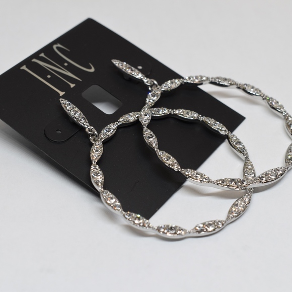 INC Silver tone Crystal Drop Hoop Earrings - Picture 3 of 3